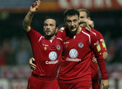 Rafaele Cretaro of Sligo celebrates scoring his side's second goal with fellow goalscorer Mark Quigley.