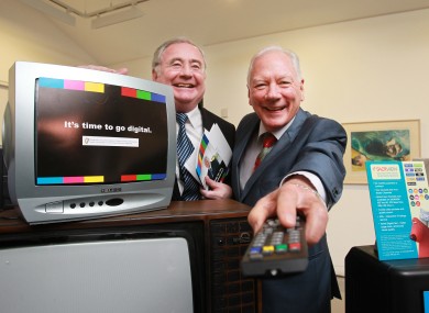 Minister of Communications Pat Rabbitte with Gay Byrne at the announcement of the Digital TV switch-over.