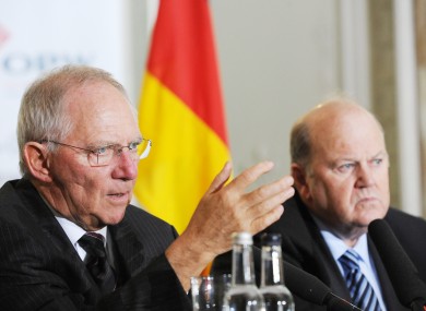 Wolfgang Schauble speaking to the media along with Michael Noonan in Dublin today