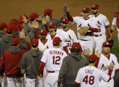 St. Louis Cardinals celebrate after beating the San Francisco Giants.