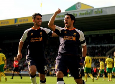 Suso, left, with Luis Suarez who scored a hat-trick in Liverpool's 5-2 win against Norwich last weekend.