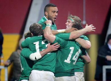 Simon Zebo congratulates Craig Gilroy after his second try.