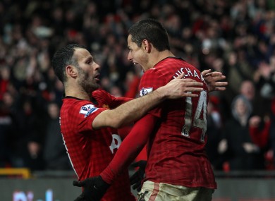 Ryan Giggs congratulates Javier Hernandez on his winner.