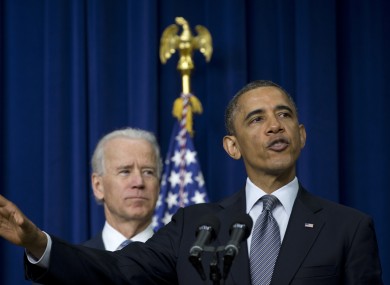 President Barack Obama, accompanied by Vice President Joe Biden, talking about proposals to reduce gun violence.
