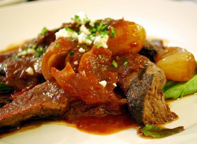This meal consists of kangaroo meat, chargrilled and topped with a tomato and baby onion sauce.