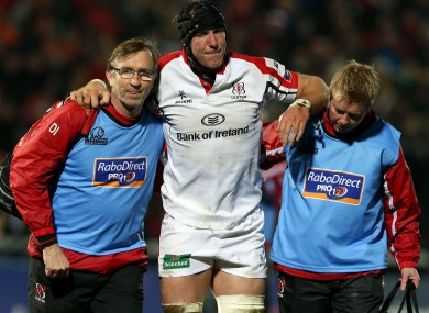 Ulster's Stephen Ferris goes off injuried against Edinburgh.