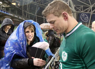 Amy Huberman and baby Sadie greet O'Driscoll after the match.